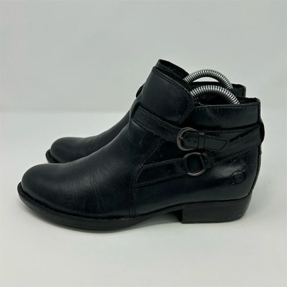 Born Kati Womens Ankle Booties Black Moto Harness Buckle Strap Size 6.5M